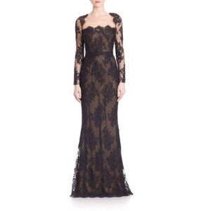 New Marchesa Notte lace illusion neckline square neck long sleeve formal gown